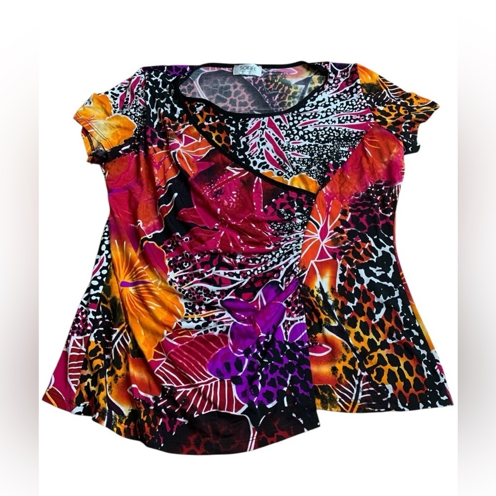 SOIREE COLLECTION Animal Print Floral Mixed Media Top Large L